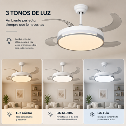 Ventilador de techo moderno con luz LED y aspas invisibles para refrescar tu hogar