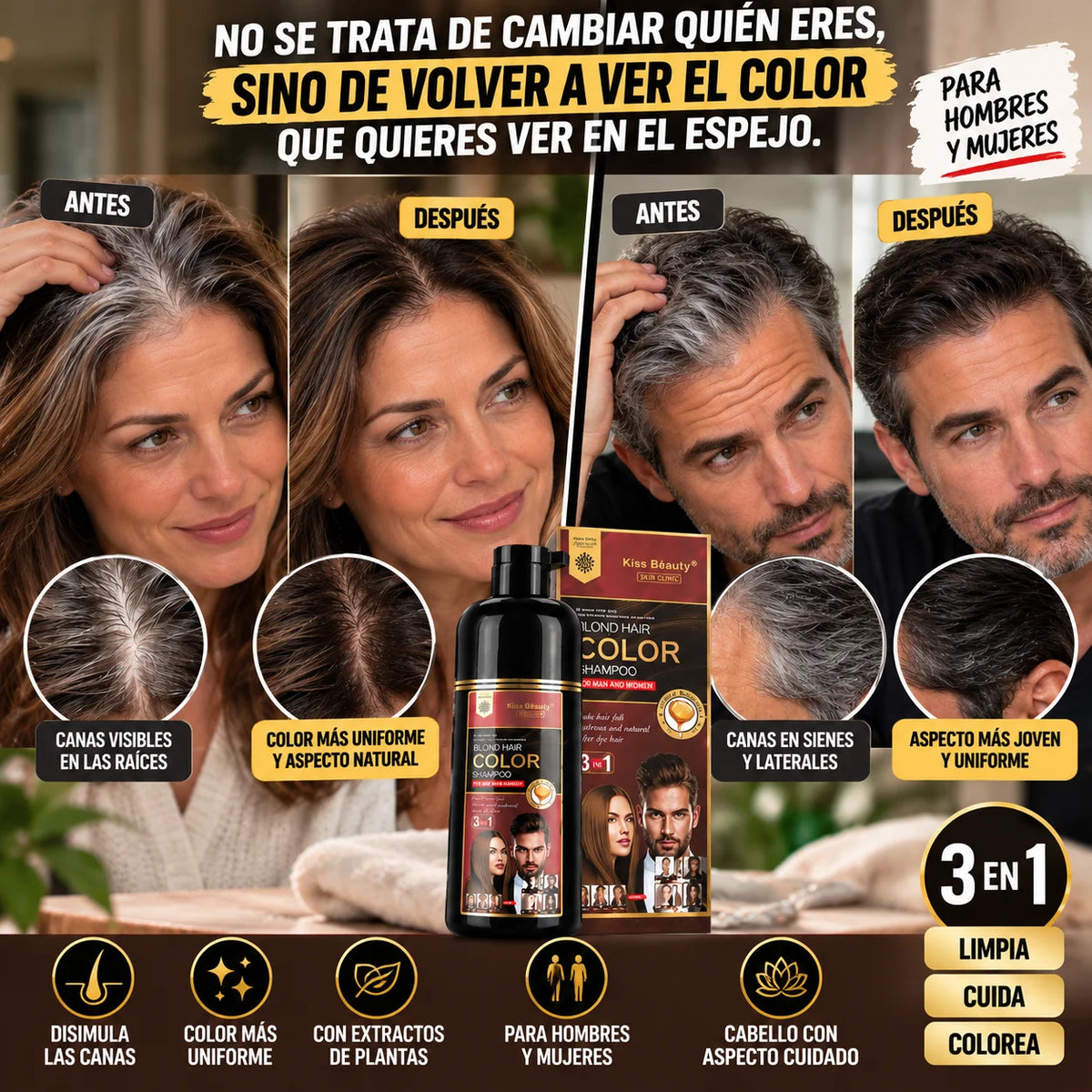 CHAMPÚ 3 EN 1 CUBRE CANAS – KISS BEAUTY