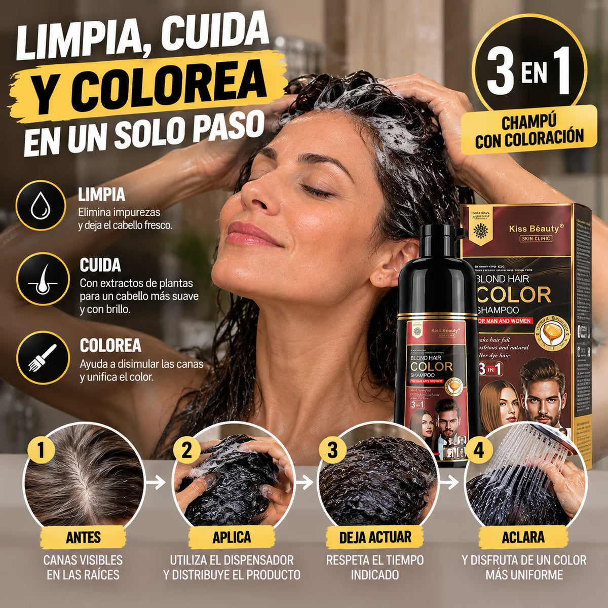 CHAMPÚ 3 EN 1 CUBRE CANAS – KISS BEAUTY