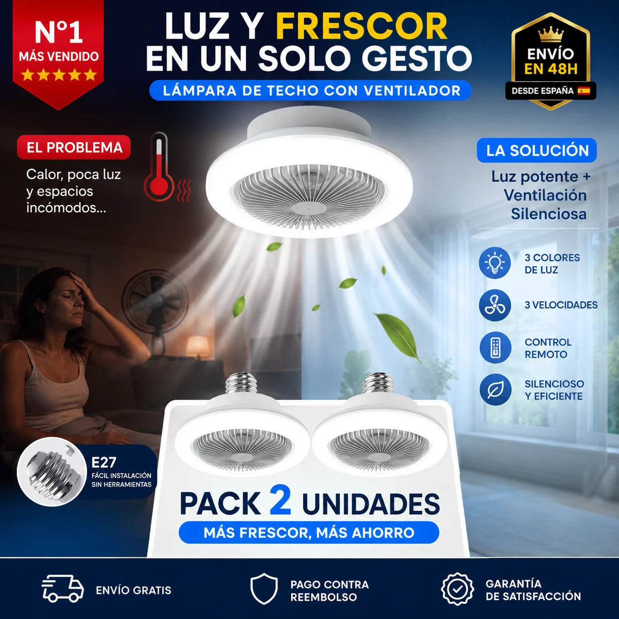 Lámpara LED con Ventilador Silencioso | Luz Moderna y Ambiente Fresco