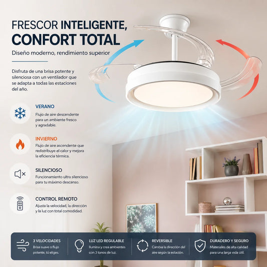 Ventilador de techo moderno con luz LED y aspas invisibles para refrescar tu hogar
