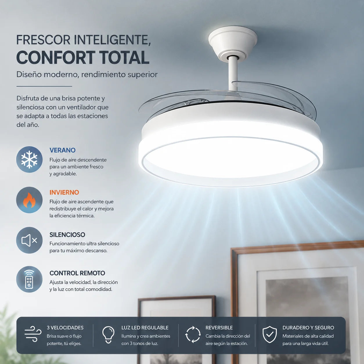 Ventilador de techo moderno con luz LED y aspas invisibles para refrescar tu hogar