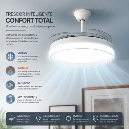 Ventilador de techo moderno con luz LED y aspas invisibles para refrescar tu hogar