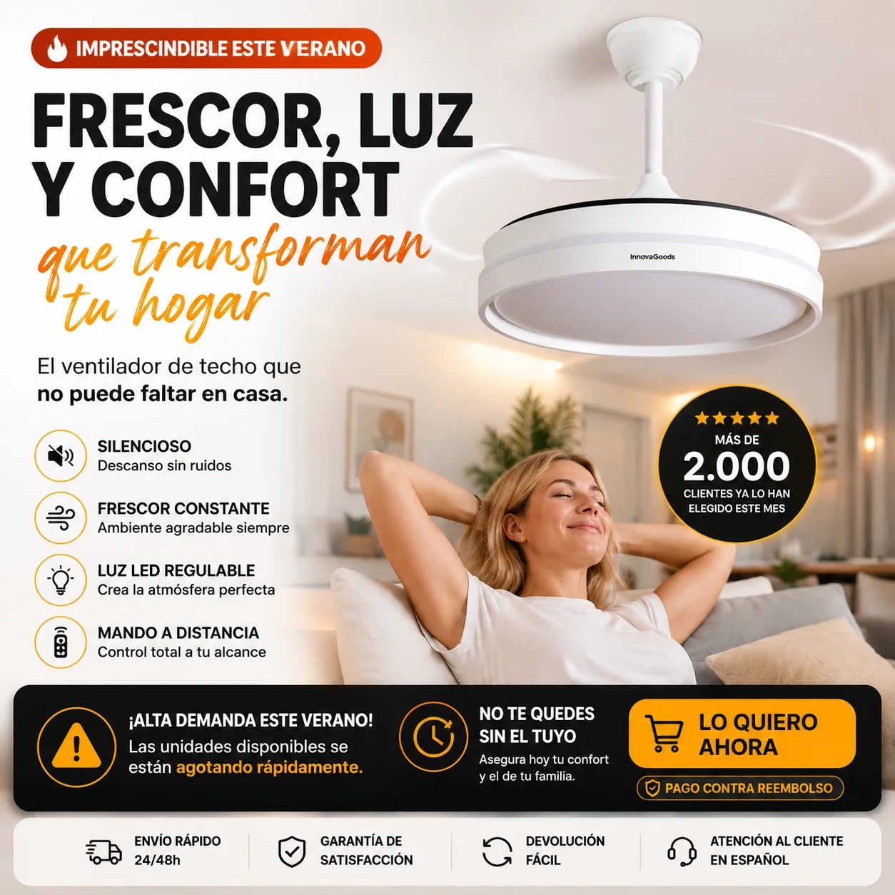 Ventilador de techo moderno con luz LED y aspas invisibles para refrescar tu hogar