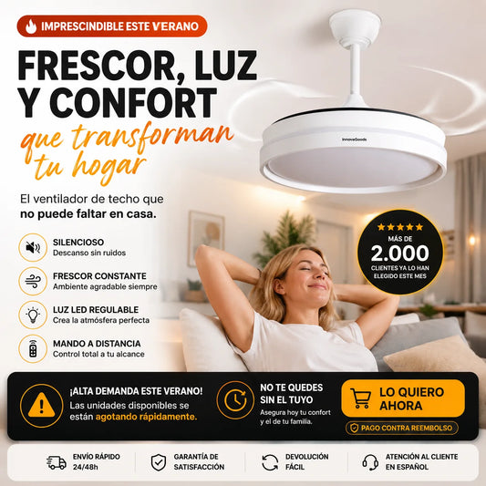 Ventilador de techo moderno con luz LED y aspas invisibles para refrescar tu hogar
